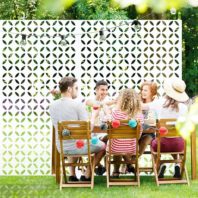 Casaphoria 72" H x 47" W Metal Privacy Screen, Outdoor Freestanding Decorative Divider for Patio, Deck, Balcony, and Garden with Stable Base, White-Daniel