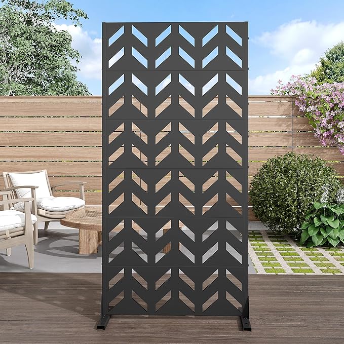 Casaphoria 72" H x 35" W Metal Privacy Screen, Outdoor Freestanding Decorative Divider for Patio, Deck, Balcony, and Garden with Stable Base, Black Keith