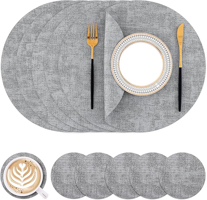 Homaxy Round Faux Leather Placemats and Coasters, Washable Dual-Side Table Mats, Wipeable Heat-Resistant Dining Place Mats for Outdoor and Indoor, Set of 6, Diameter 13 and 3.93 inch, Light Grey