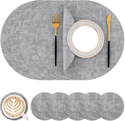 Homaxy Round Faux Leather Placemats and Coasters, Washable Dual-Side Table Mats, Wipeable Heat-Resistant Dining Place Mats for Outdoor and Indoor, Set of 6, Diameter 13 and 3.93 inch, Light Grey