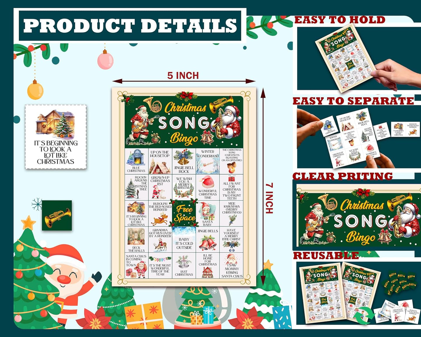 Christmas Bingo Games for 24 Players, Christmas Song Bingo Cards for Adults Large Group, Winter Hoilday Party Supplies, Family Activities New Year Favors -06