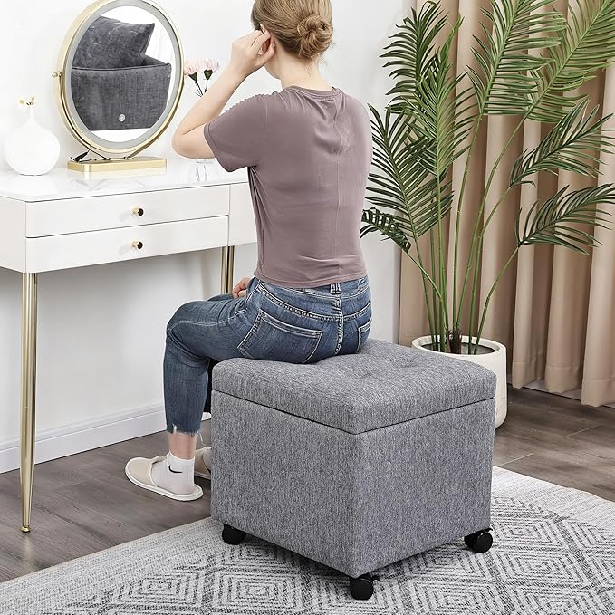 Homebeez Multifunctional Space-Saving Linen Storage Ottoman with 360° Rolling Wheels, 17.7" Square Tufted Cube Footstool with Hinged Lid, Holds 300 lbs, for Living Room, Bedroom, Entryway, Grey