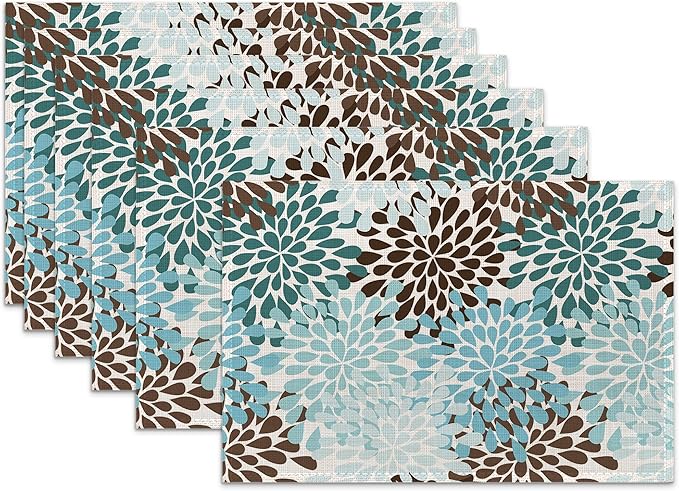 Blue Gray Dahlia Placemats Set of 6,Geometric Flowers Heat Resistant Table Mats Washable Place Mats for Party Kitchen Farmhouse Home Dining Holiday Decor 12x18 Inch