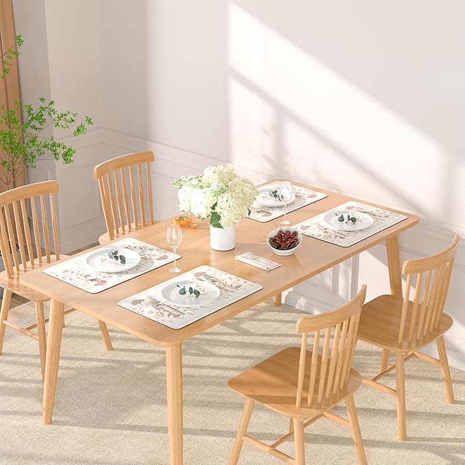 QIYI Placemats Set of 6, 12x18 Inch Faux Leather Place Mats for Kitchen Dinning, Heat Resistant Anti Slip Floral Table Mats, Waterproof Wipeable Washable Placemat Party Beige Table Décor, Pink Flowers