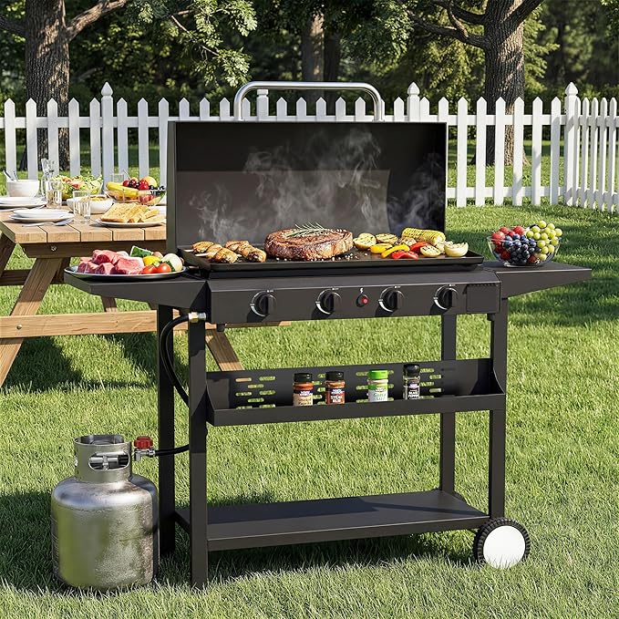 4 Burner BBQ Gas Griddle with Hood, 30 Inch Stainless Steel Portable Detachable Propane Griddle, 60,000 BTU Flat Top Grill with Side Shelves for Camping, Black