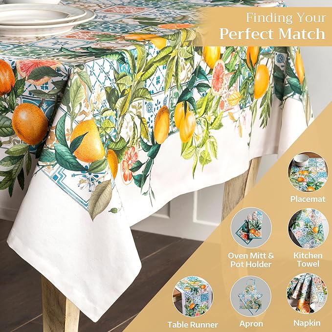 Maison d' Hermine Table Cloth Rectangle Table 100% Cotton 60 x 120 Inches Tablecloth Reusable Decorative Everyday Use for Dining Room, Farmhouse, Home, Party, Festive & Wedding Spring Summer - Agrume