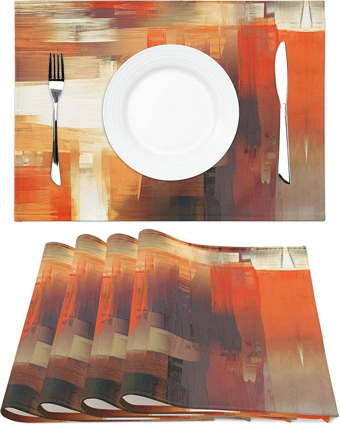 Modern Art Placemats Set of 4 Orange Abstract Painting Place Mats Washable Linen Placemat for Kitchen Dining Table Home Party Decor 18x12 Inches