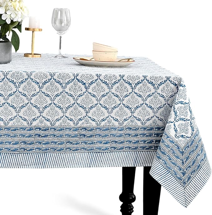 CPC Indigo Regal Tablecloth 100% Cotton 80x120 Inch Indian Block Print Rectangle Table Cover, Table Cloth for Gifting in Weddings, Halloween, Fall, Christmas, Thanksgiving