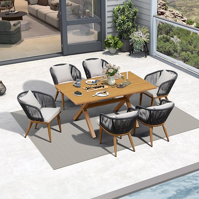 PURPLE LEAF 7 Pieces Patio Dining Set with Storage Box Wicker Teak-Finish Outdoor Furniture Rectangular Table and Chairs Set for Garden Deck Backyard Kitchen, Cushions and Pillows Included