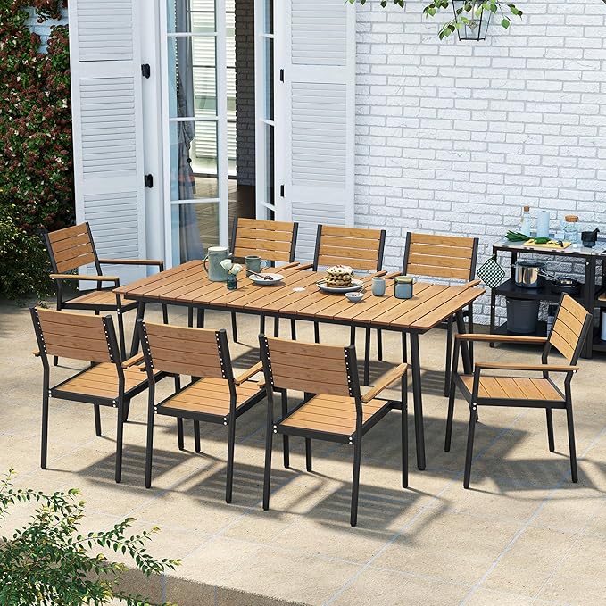 83" Patio Outdoor Dining Table for 6-8, Weather-Resistant Wood-Grain Top with Aluminum Frame & Umbrella Hole for Deck Gatherings, Brown