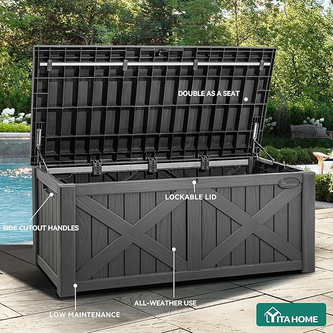 YITAHOME 120 Gallon Large Outdoor Storage Box with X-Shaped Front, Waterproof Resin Deck Box Cushion Storage Bench for Patio, Pool Supplies, Garden Tools - Lockable, Dark Gray