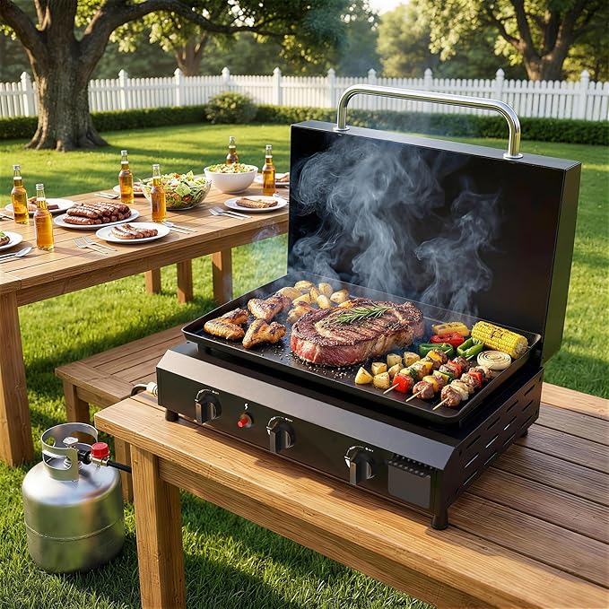 3 Burner BBQ Gas Griddle with Hood, 25.6 Inch Stainless Steel Portable Detachable Propane Griddle, 45,000 BTU Flat Top Barbecue Grill with Lid for Camping
