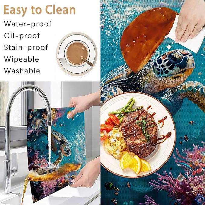 Sea Turtle Placemats Set of 6,Fish Coral Colorful Waterproof Non-Slip Washable Table Mats for Kitchen Dining Holiday Party Wedding Decor 12x18 Inch
