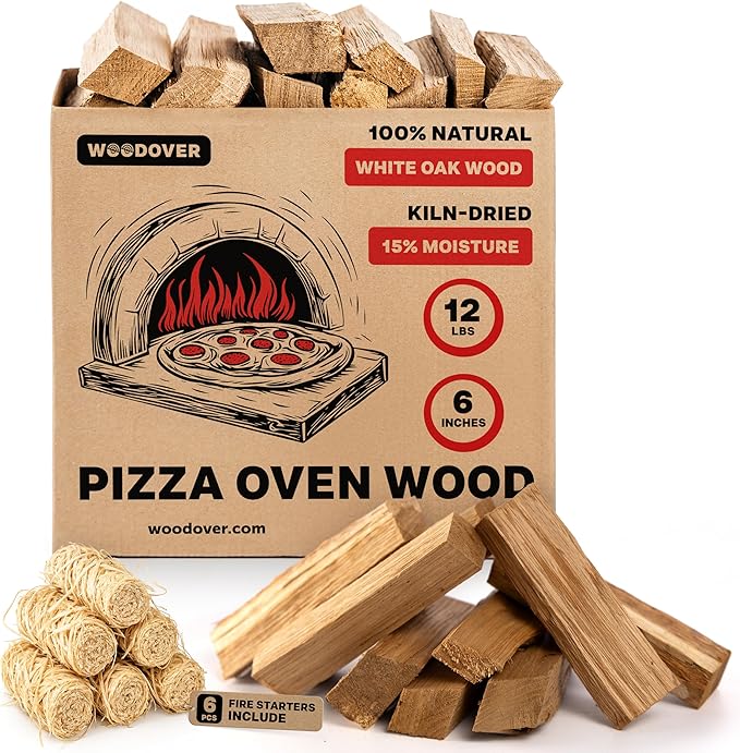 Pizza Oven Wood with Fire Starters - Fast-Lighting, Low Smoke 12 lbs White Oak Kiln-Dried 6 Inch Logs for Ooni, Gozney & Solo Stove, Clean-Burning Firewood for Wood-Fired Pizza - Approx 800 cub.in.