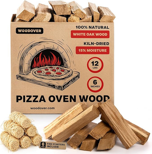 Pizza Oven Wood with Fire Starters - Fast-Lighting, Low Smoke 12 lbs White Oak Kiln-Dried 6 Inch Logs for Ooni, Gozney & Solo Stove, Clean-Burning Firewood for Wood-Fired Pizza - Approx 800 cub.in.