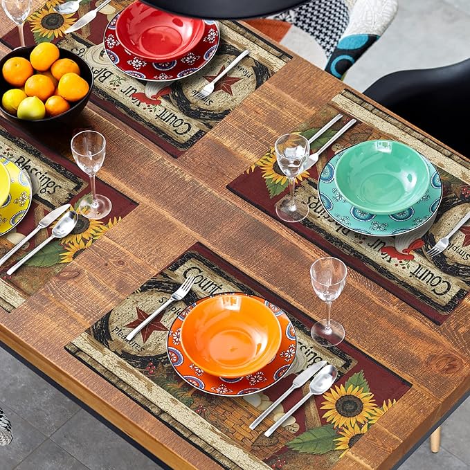 Giwawa Vintage Rooster Placemats Set of 4 Farmhouse Chicken Linen Table Mat Rustic Country Style Farm Animal Print Heat Resistant Non-Slip Washable Place Mats for Dining Kitchen Party Decor