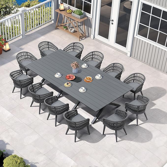 PURPLE LEAF 14 Pieces Outdoor Dining Set All-Weather PE Rattan Outdoor Patio Furniture Set with All Aluminum Frame Rectangular Table and Chairs Set for Lawn Garden Backyard Deck, Grey