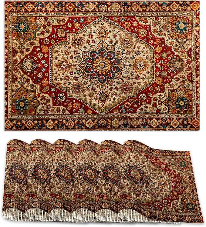 Boho Ethnic Placemats Set of 6,Retro Flower Placemats Washable Kitchen Dining Linen Table Mats Stain Heat-Resistant for Home Party Indoor 12x18 inch