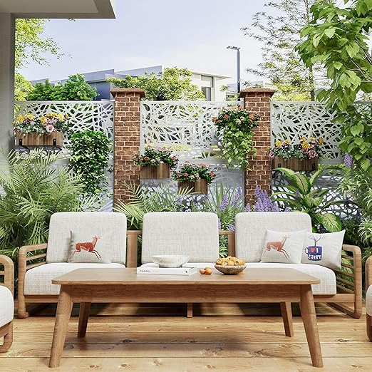Casaphoria Metal Privacy Screen Outdoor, 72" H x 47" W Freestanding Decorative Privacy Screen for Patio Deck Balcony Garden with Stable Base, White-Net