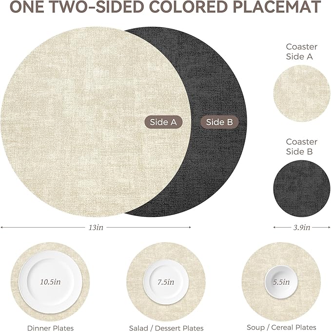 13" Round Placemats Set of 6, NCUE Dual-Sided Faux Leather Heat Resistant Table Mats, Waterproof Oilproof Washable Protective Table Placemats with Coaster, Wipeable Vinyl for Indoor & Outdoor Use