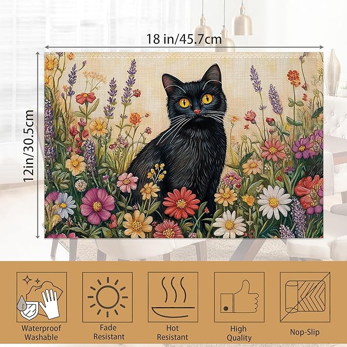 Black Cat Placemats Set of 6,Color Flower Waterproof Non-Slip Washable Table Mats for Kitchen Dining Holiday Party Wedding Decor 12x18 Inch