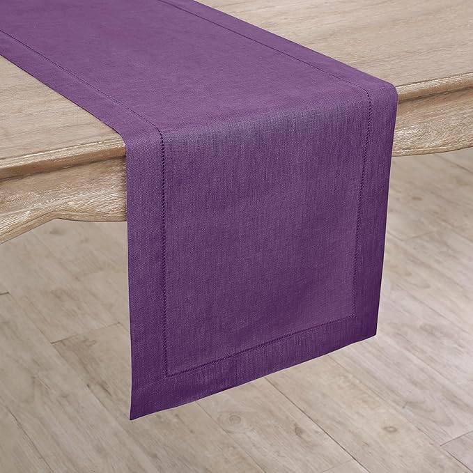 Solino Home Linen Purple Table Runner 72 Inches Long - 100% Pure Linen Hemstitch Table Runner 14 x 72 Inch for Dresser, Dining, Spring, Easter, Valentines - Classic Hemstitch