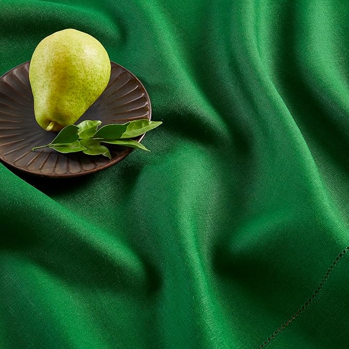 Solino Home Linen Garden Green Table Runner 132 Inches Long - 100% Pure Linen Extra Long Table Runner 14 x 132 Inch for Winter, St Patricks Day, Easter - Classic Hemstitch