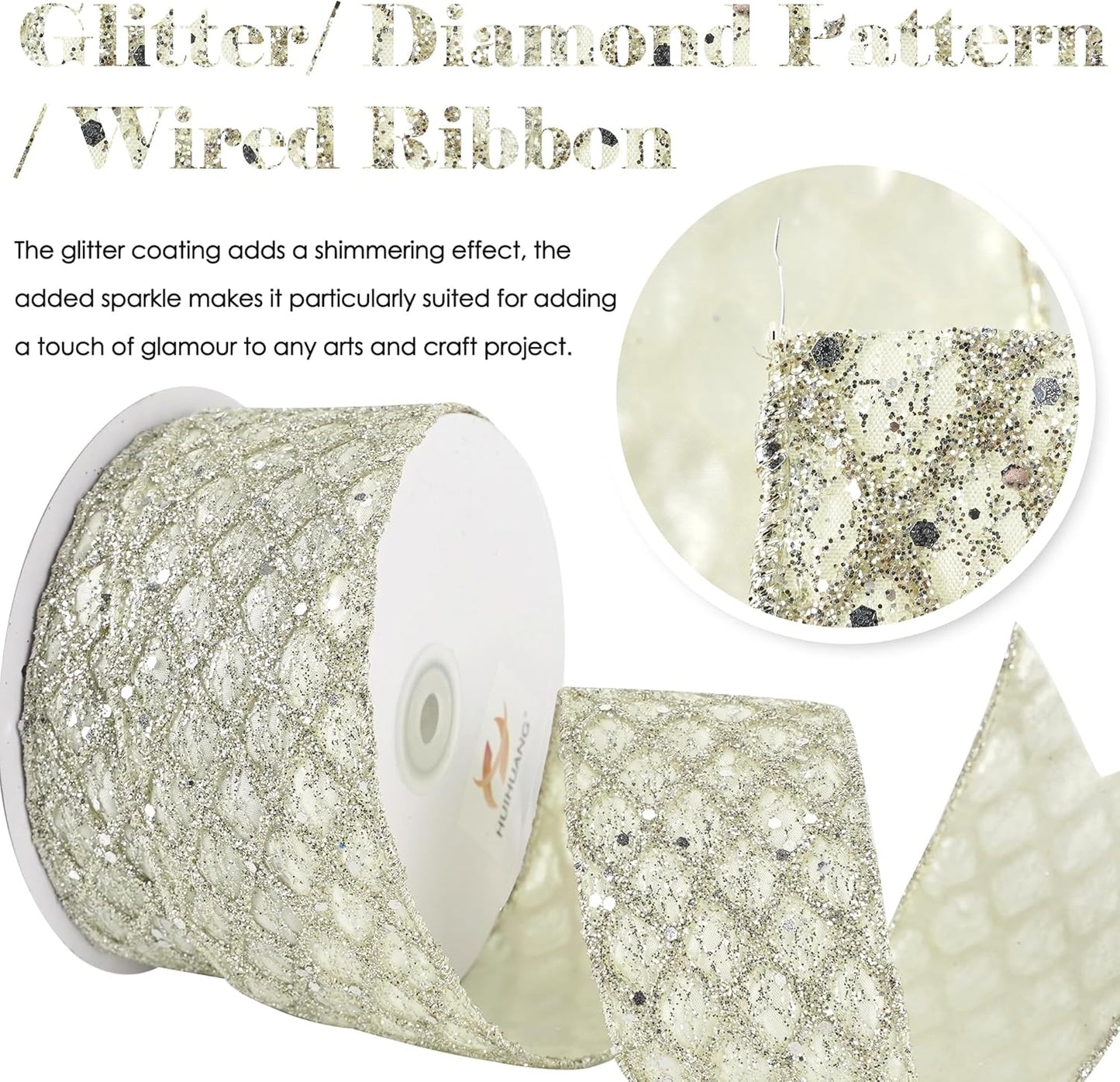 HUIHUANG Champagne Glitter Wired Ribbon for Christmas Tree 2.5 inch Light Champagne Diamond Mesh Ribbon for Tree Decoration, Wreaths, Garland, Gift Wrapping, Bows Making, Home Decor -10 Yards