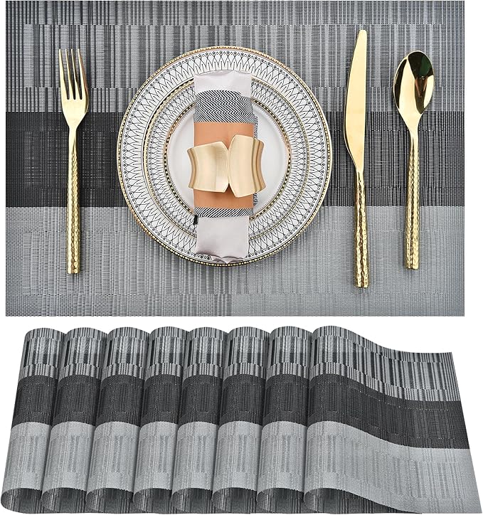 SLKQG Placemats Set of 8 - Easy Clean Washable Vinyl Placemats - Heat Resistant Placemats for Kitchen Table - PVC Table Mats for Dining Table (Black and Gray, 8)