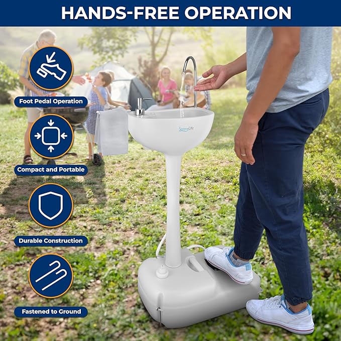 SereneLife Portable Hand Washing Station, 100+ Hand Washes, Hands-Free Foot Pump, Soap Dispenser, and Drain Hose, Ideal for Outdoor Events, Camping, Boating and Worksites