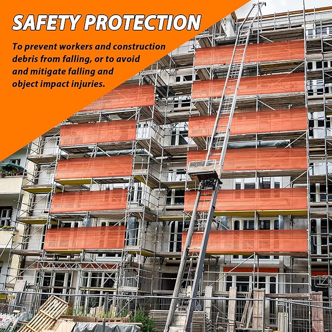 20' L x 40" W Construction Safety Debris Netting with 14 Tapes & Buckles, Orange Fire Retardant Pump Jack Safety Net, Scaffold Safety Netting Rolls Scaffold Net Enclosure