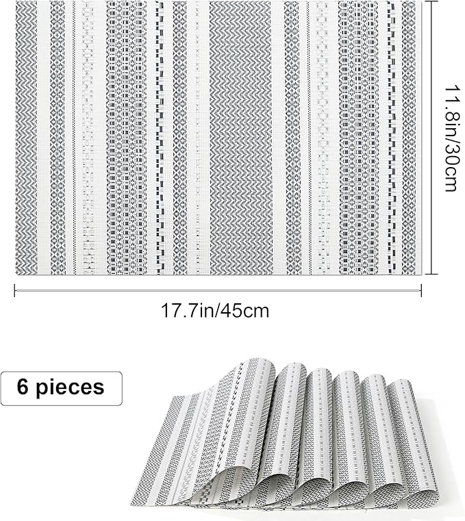 fanquare Sliver Striped Placemats 6 Pack Nordic Style Washable Place Mats Vinyl Woven Heat-Resistant Kitchen Table Mats Indoor & Outdoor Use Table Mat