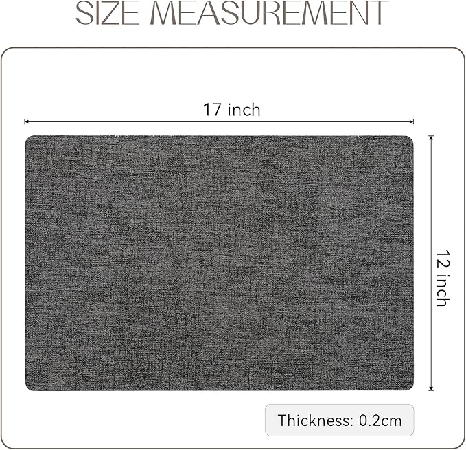 Romanstile Vinyl Placemats Set of 8-12 X 17 Inch - Heat Resistant Place Mats 100% Waterproof Oilproof Wipeable Reversible Faux Leather Table Mats for Kitchen, Dining, Party, Outdoor, Dark Grey