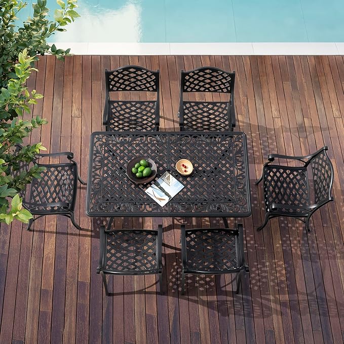 NUU GARDEN 60" Outdoor Dining Table with 2.09" Umbrella Hole, All Weather Cast Aluminum Outdoor Patio Table, 6-8 Person Rectangle Dining Table, Backyard Bistro Table for Garden, Poolside, Black