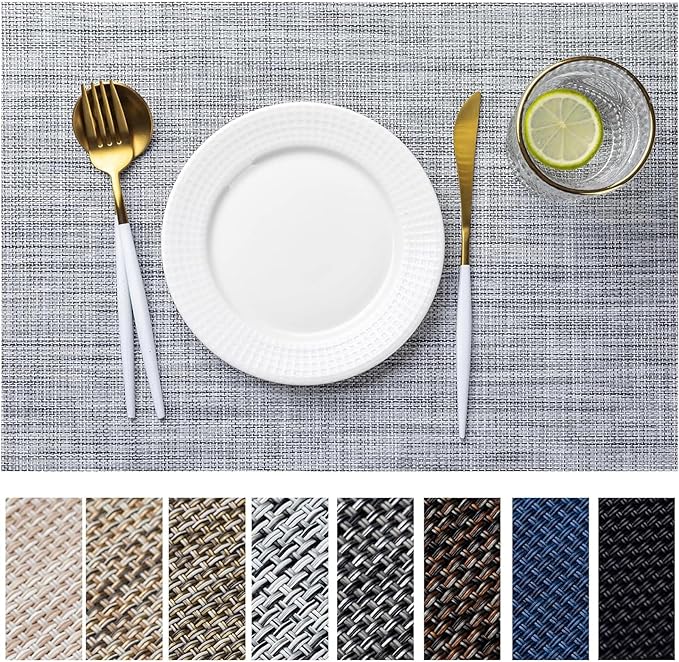 LEXMORE Placemats Set of 6 Vinyl/Plastic Woven Place Mats for Kitchen Table Indoor/Outdoor Washable Placemat Wipeable Dining Table Mats(Gray)