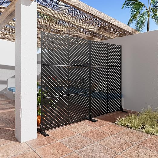 Casaphoria 72" H x 47" W Metal Outdoor Privacy Screen, Freestanding Decorative Divider for Patio, Deck, Balcony, and Garden with Stable Base, Black Parallel