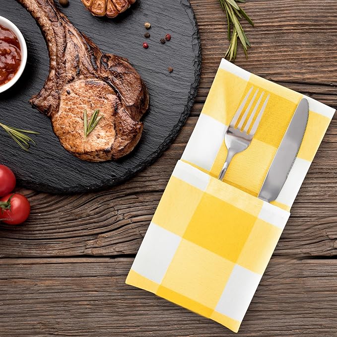 Buffalo Plaid Table Napkins Set of 100 Checkered Cloth Napkins 17x17 inch Washable Dinner Gingham Pattern Napkins Soft Napkins for Wedding Party Dining Banquet(Yellow and White)