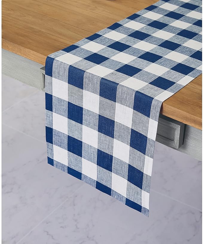 Solino Home Linen Checkered Table Runners 90 Inches Long - 100% Pure Linen Blue and White Buffalo Check Table Runner 14 x 90 Inch Ideal for Dining, Winter, Spring, Easter
