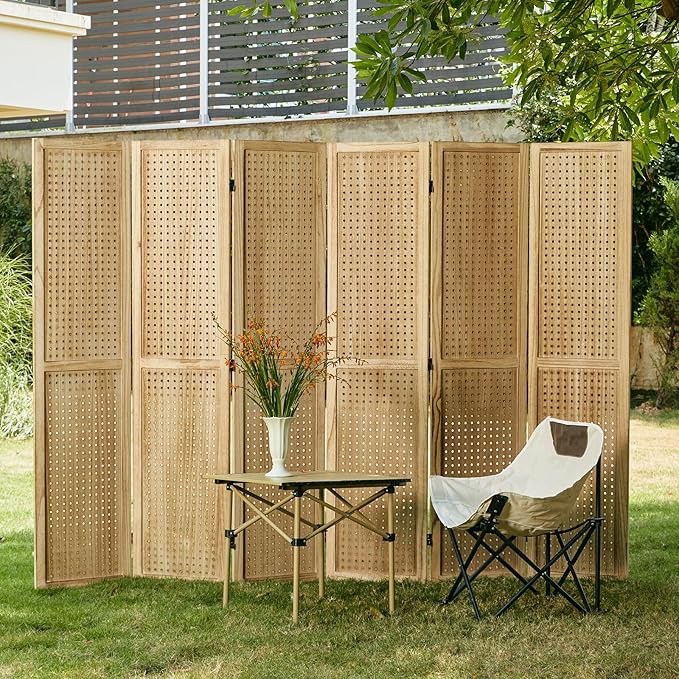 Pegboard Display, 5.6Ft Portable Freestanding Wall Organizer Wooden Room Divider Folding Privacy Screens for Craft Art Display Board (6panels, Natural)