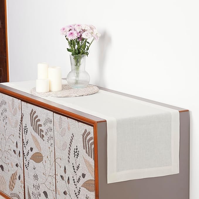 D'Moksha Homes Linen Ivory Table Runner 60 Inches - 100% Pure Linen Short Table Runner 14 x 60 Inch for Coffee Tables, Dresser, Valentines, Holiday - Machine Washable