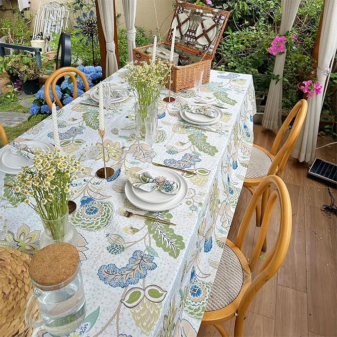 Spring Summer Ourdoor Table Cloth, Spillproof Waterproof Rectangle Tablecloth, Polyester Cotton Fabric Block Print Dining Table Cover for Easter Farmhouse Ourdoor 108''x60'' - Green Flowers