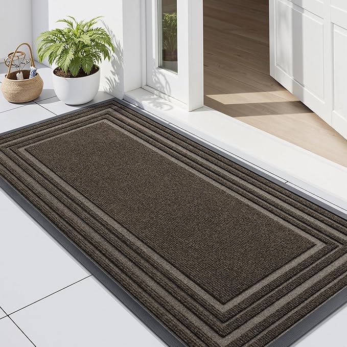 Buganda Front Door Mat Indoor Outdoor Entrance, Non-Slip Natural Rubber Doormats, Easy Clean, Low Profile, Dirt Trapper Entryway Floor Mats for Outside, Garages and Patios, 47x23, Brown