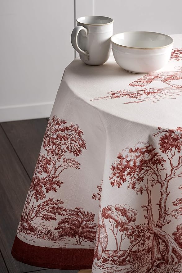 Maison d' Hermine Table Cloth Round Table 100% Cotton 63 Inches Fall Tablecloth Reusable Everyday Use for Thanksgiving Christmas Decorations Dining Farmhouse Party (Holy Jouy - Red)