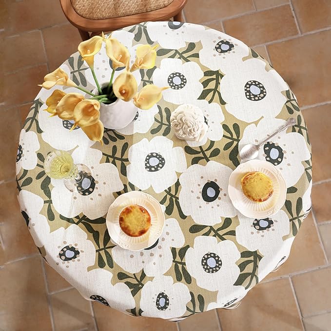 Designer Vintage Round Tablecloth,Linen French Tablecloth with White Floral Pattern,Decorative Table Cover for Kitchen,Dining,Thanksgiving,Tea Party,Diameter 67"-Hidaka