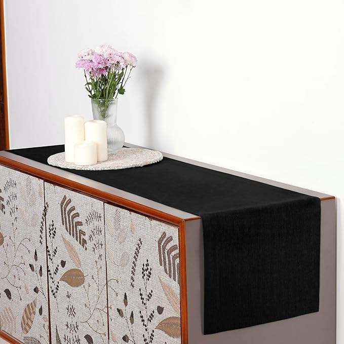 D'Moksha Homes Linen Black Table Runner 48 Inches - 100% Pure Linen Small Table Runner 14 x 48 Inch for Coffee Tables, Dresser, Winter, Holiday - Machine Washable