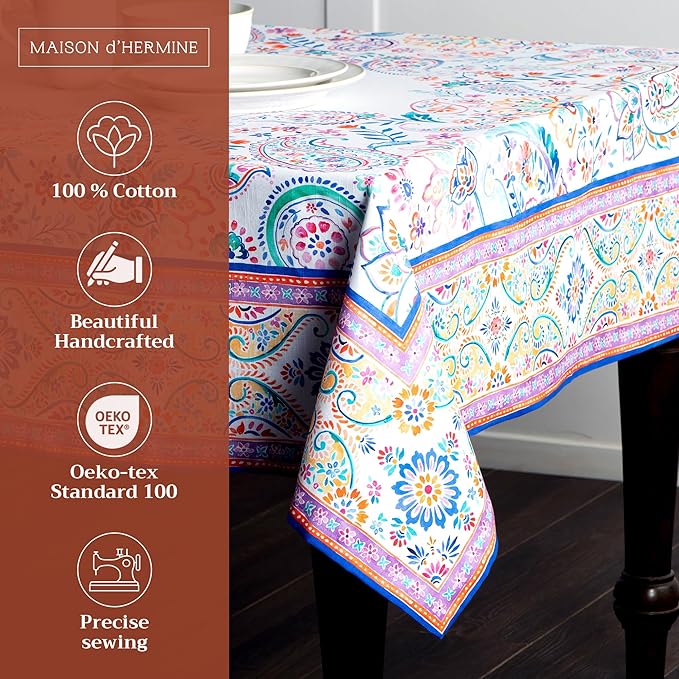 Maison d' Hermine Table Cloth Square Table 100% Cotton 60 x 60 Inches Tablecloth Reusable Decorative for Dining Room, Farmhouse, Home, Party, Festive & Wedding Spring Summer - Indian Floral