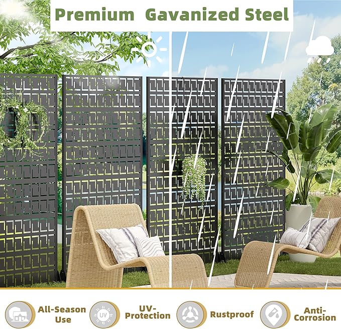 Casaphoria 72" H x 47" W Metal Privacy Screen, Outdoor Freestanding Decorative Divider for Patio, Deck, Balcony, and Garden with Stable Base, Black-Frederick