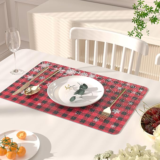 QIYI Christmas Placemats Set of 6, 12x18 Inch Faux Leather Place Mats for Kitchen Dinning, Heat Resistant Non Slip Winter Table Mats, Waterproof Wipeable Placemat Party Décor, Buffalo Plaid Snowflakes