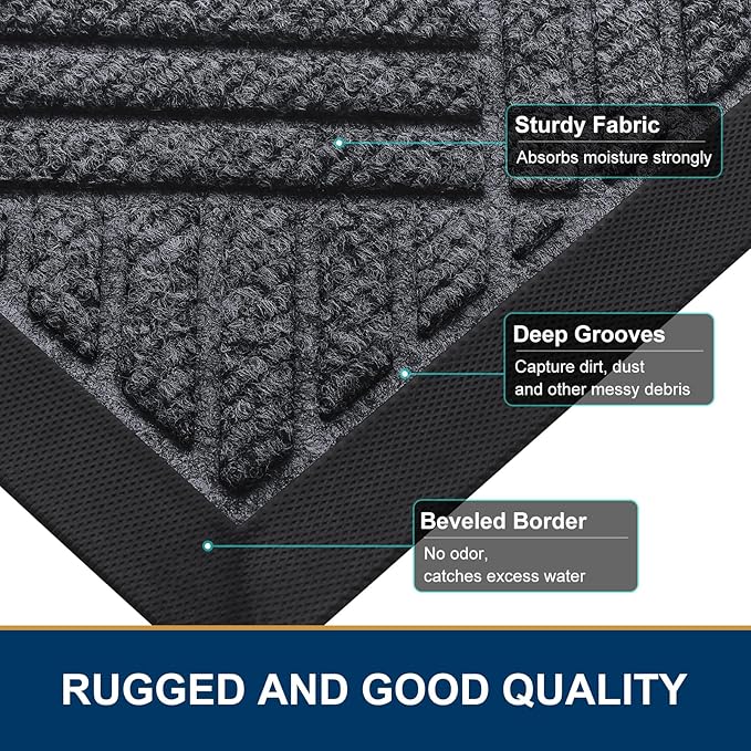 Smiry Front Door Mat Outside Entrance, Heavy Duty Outdoor Indoor Mat, Natural Rubber Doormat, Non Slip, Trap Dirt and Moisture, Easy Clean, Low Profile Patio Porch Entryway Mat, 35x23, Dark Grey