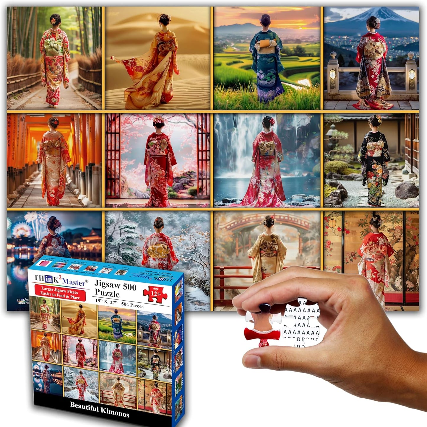 Think2Master Beautiful Kimonos from Japan 500 Pieces Large Format Jigsaw Puzzle for Kids 12+, Teens, Adults & Families. Elegant Colorful Dresses Vibrant Colors, Cultural Art Size: 26.8” X 18.9”
